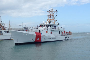 Isaac Mayo, the sixth fast response cutter to be based in Key West, Florida, arrives at its home port for the first time. U.S. Coast Guard photo.